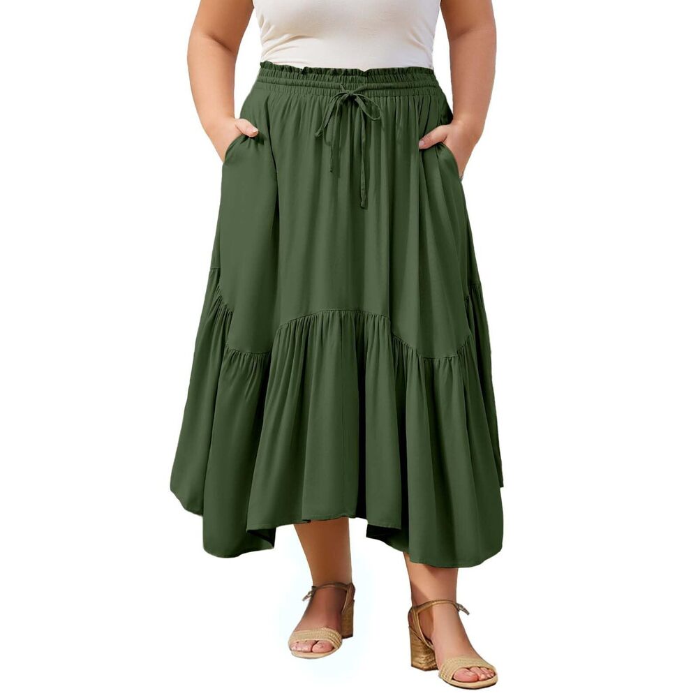 6569 Plus Size Boho Maxi Skirt Tiered Flowy High Waist Long Maxi Skirt
